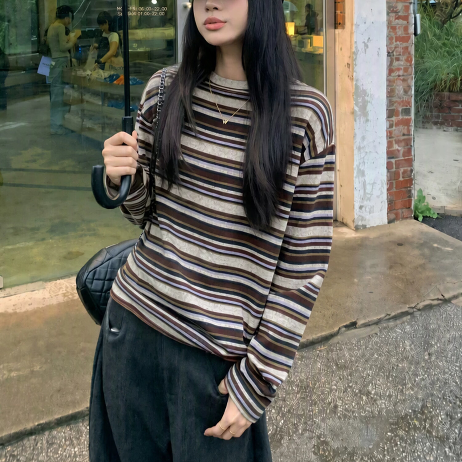 雪茜曼复古撞色条纹长袖女秋季新款韩系松弛感宽松慵懒风打底衫t恤上衣 咖色条纹 L （适合110-125斤）