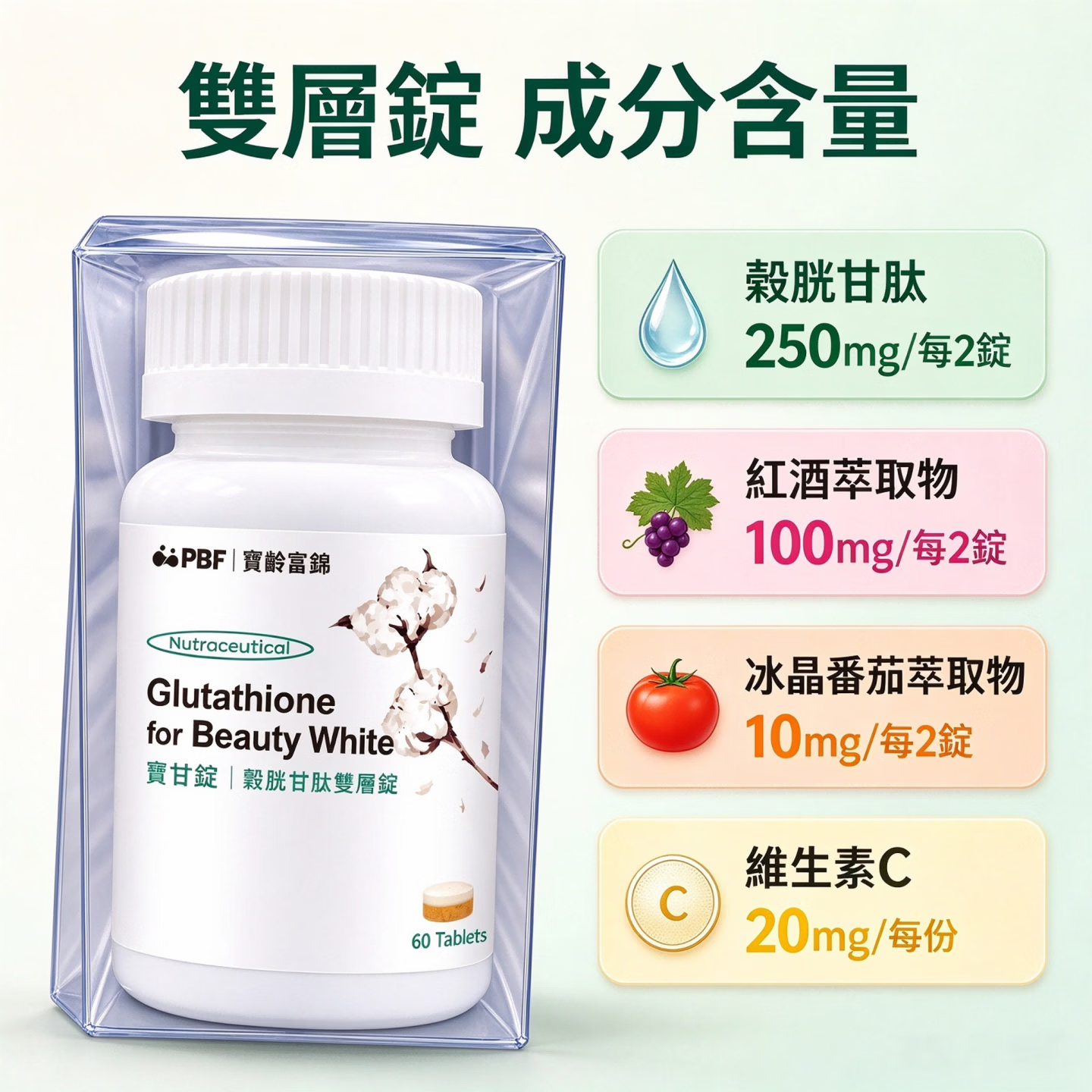 PBF寶甘錠(穀胱甘肽雙層錠) 60片*1瓶 谷胱甘肽:250 毫克