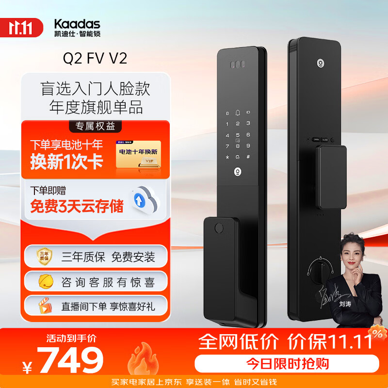 凯迪仕（KAADAS）智能门锁 人脸识别猫眼监控摄像指纹锁密码智能锁 Q2 FV V2