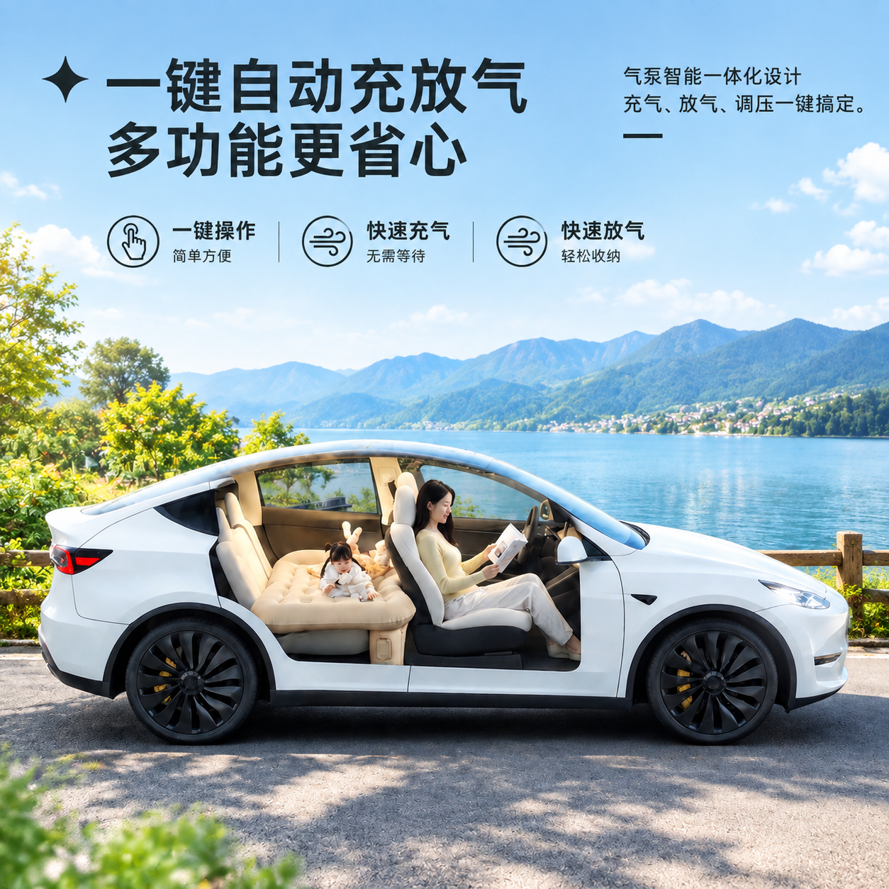 YOBEWAY车载床自动充气床垫后排内置泵轿车SUV适用旅行便携式后备箱睡垫 【C级车专用】夜岩黑-语音泵-防倾斜款