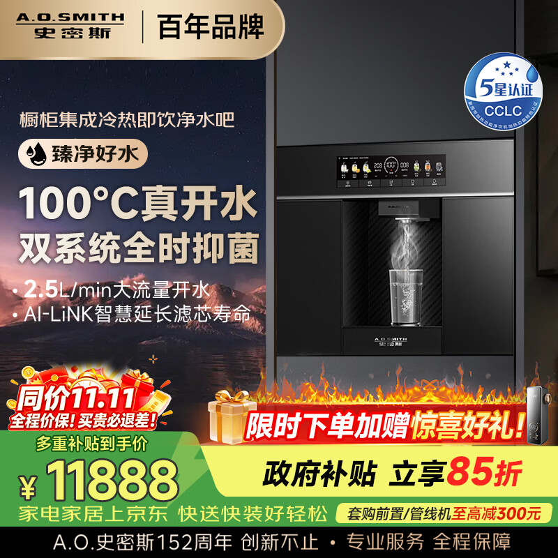 史密斯(A.O.SMITH)家用净水器 橱柜集成嵌入式直饮机净饮机 加热直饮一体100℃真开水 ER1600BWi 6档精准控温