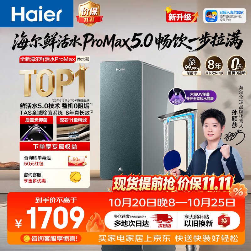 海尔（Haier）鲜活水ProMax5.0 反渗透1200G整机0阻垢家用净水器厨下龙头杀菌后置抑菌双守护双出水可直饮R302