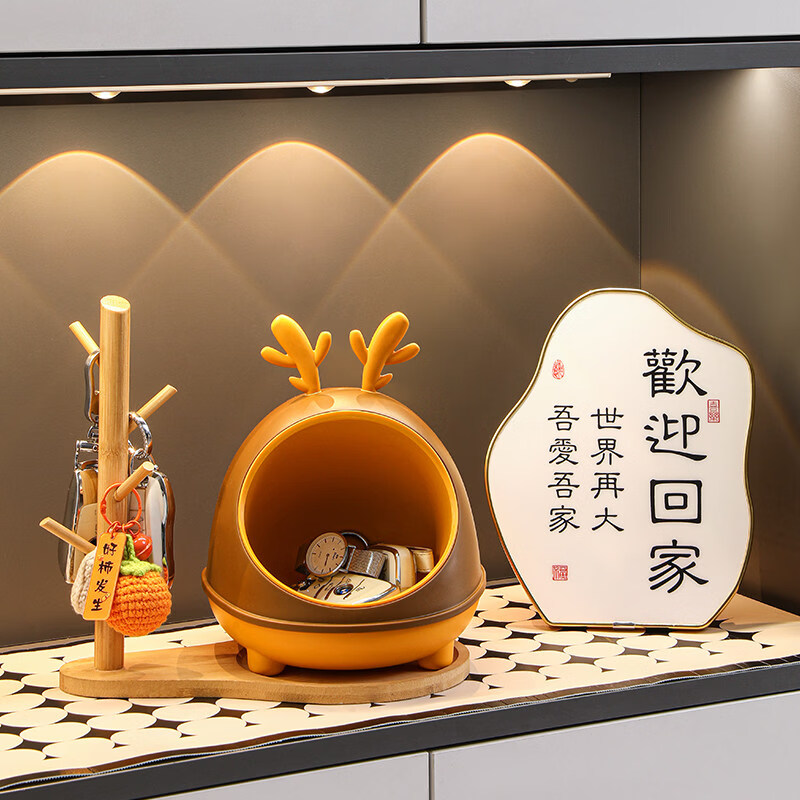 小鹿玄关钥匙收纳盒摆件入户门口鞋柜客厅家居装饰品乔迁新居礼物 小鹿收纳盒+(平安喜乐)陶瓷圆盘