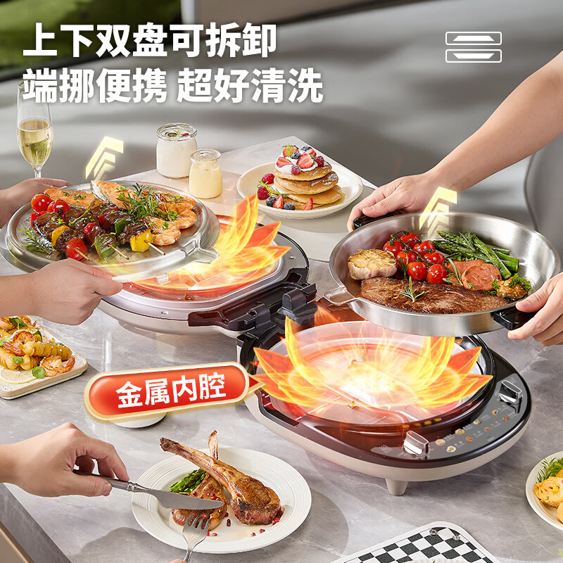 利仁(Liven)电饼铛小钢人不锈钢0涂层上下盘可拆洗可调火40mm超深2000W大火双面加热2026新款家用电饼铛早餐机 【钛钢款】上下双拆盘+可定时+可调温