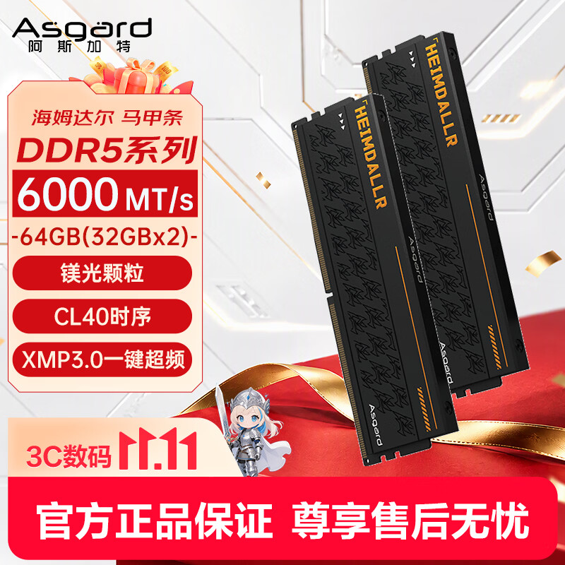 阿斯加特（Asgard）64GB(32GBx2) DDR5 6000 台式机内存条 海姆达尔 马甲条 镁光颗粒 CL40 黑厚甲 AI电脑配件升级