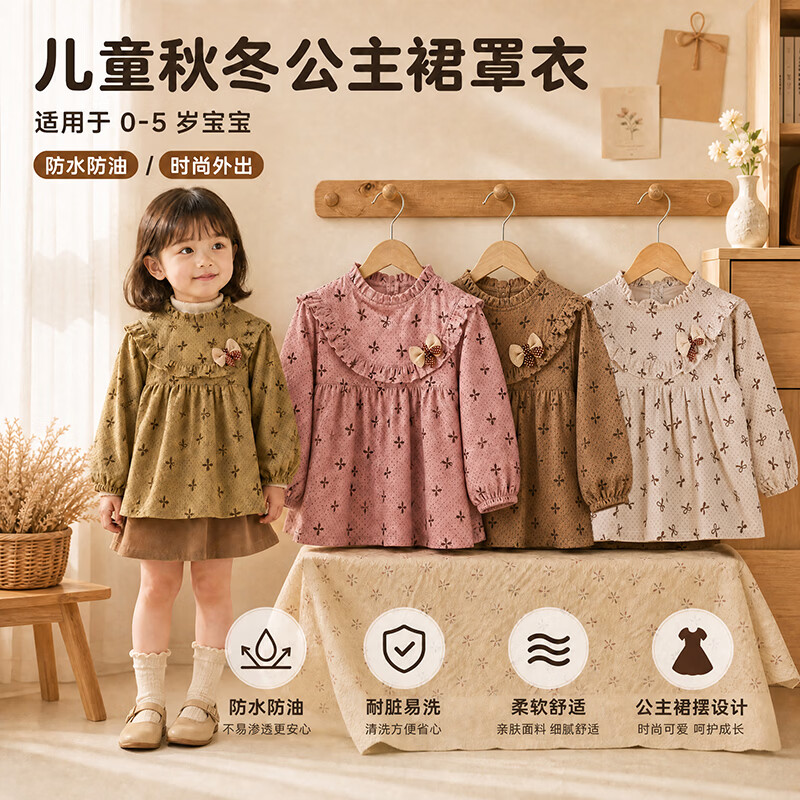 儿童好看的罩衣饭兜宝宝吃饭公主裙秋冬防水围裙长儿童防水防脏 XD木耳边立领【复古咖+芥末黄】 120码【适合身高105-115cm】
