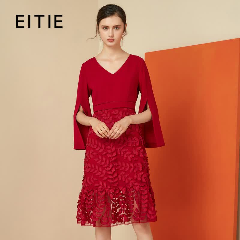 爱特爱（EITIE）秋冬新品商场同款精致网纱刺绣袖口开叉V领礼服连衣裙6077722 红蔓61 165/40/L使用感如何?