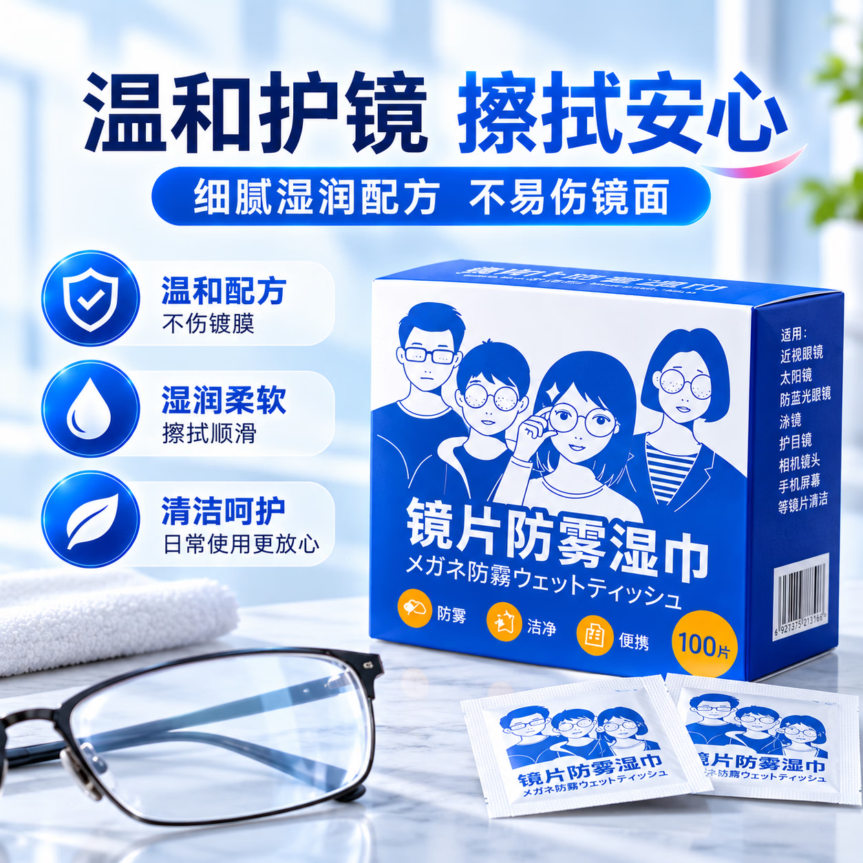 ZYVI日本眼镜清洁湿巾防雾湿巾一次性眼镜布手机镜头除雾清洁湿巾便携 100片*3盒【防雾款】眼镜清洁湿巾