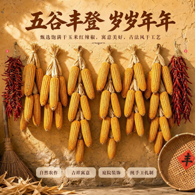 玉米串红辣椒真辣椒串麦子串谷穗谷子串大蒜串秋收装 【二荆条辣椒】1.3米长/1串