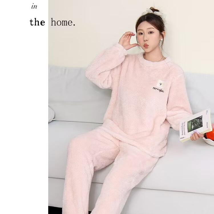 宝娜斯睡衣女秋冬款加厚保暖法兰绒卡通可爱长袖圆领可外穿家居服套装 杏色 均码 80-150
