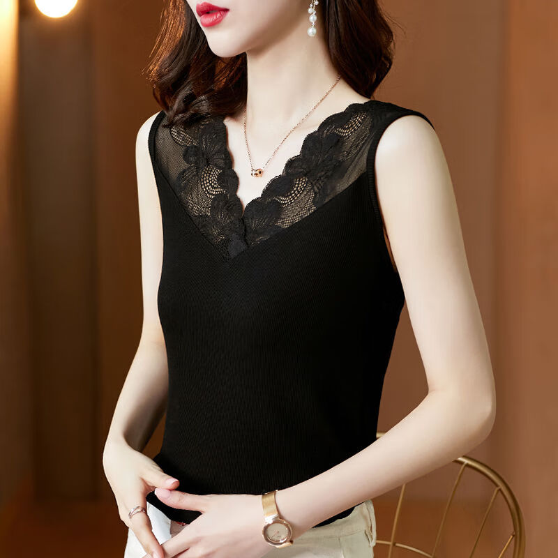 吊带夏季黑色莫代尔吊带背心女内搭夏季上衣蕾丝边外穿v领西装打底衫