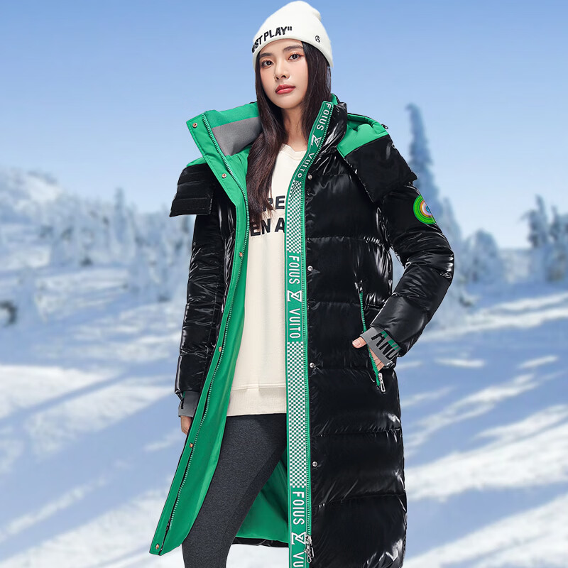 拉夏贝尔羽绒服女2026冬季新款时尚撞色连帽保暖中长款羽绒外套 白绿色 XS