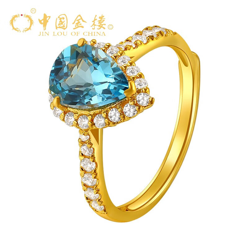 金楼 中国金楼黄金海蓝宝戒指镶托帕石足金戒指足金999幸运蓝宝石女戒