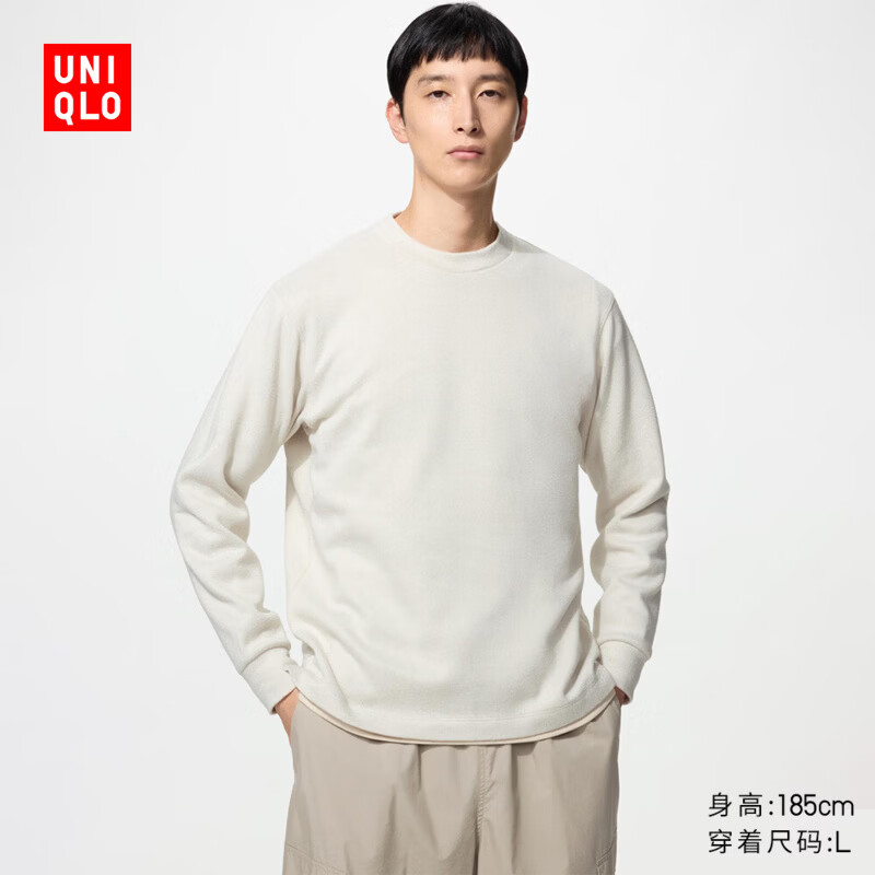 优衣库柔软针织摇粒绒圆领套头衫/长袖男装女装486111 01 乳白色 L
