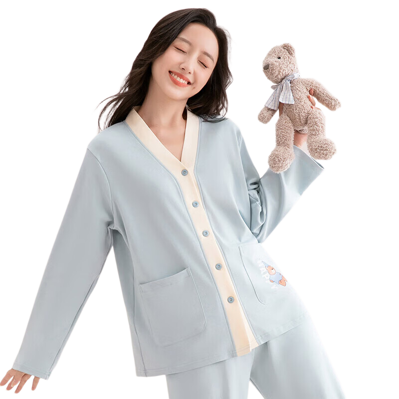 芬腾睡衣女纯棉秋季新款撞色V领小熊外穿柔软长袖家居服套装 浅蓝 XL