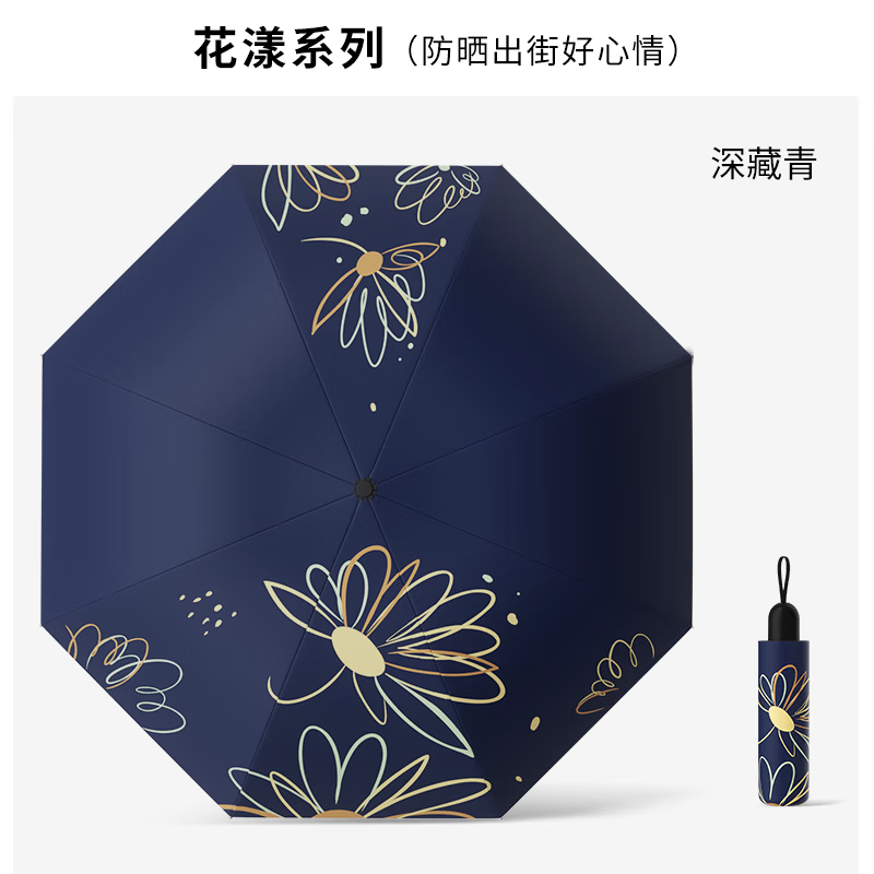 小众晴雨伞防紫外线晴雨两用黑胶折叠三折女士加厚防晒隔热太阳伞 花漾-藏青 手动 一帘花梦系列