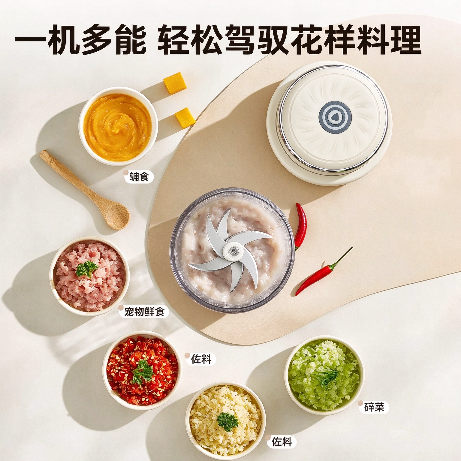 KITCHOICE家用玻璃电动料理机蒜泥打蒜器小型绞肉机婴儿宝宝辅食机搅拌机打泥机捣蒜切菜机小家电 牛乳白 0.25L 【可绞肉】【6页刀】【加厚玻璃】