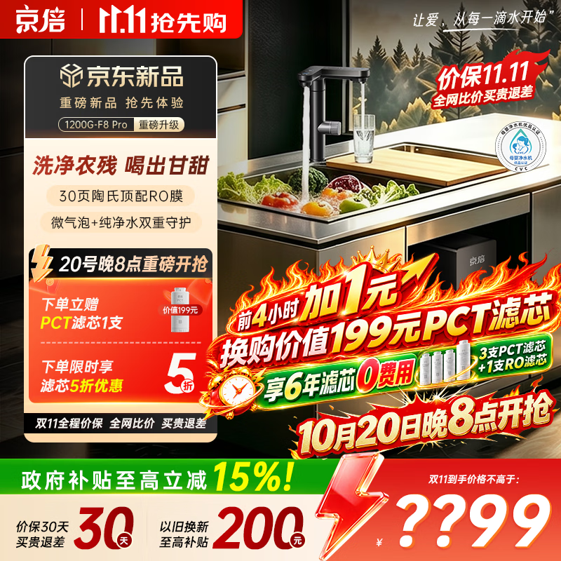 京倍【新品】F8Pro净水器1200G大流量微气泡去农残家用陶氏ro膜厨房台下反渗透净直饮机0阻垢剂0陈水