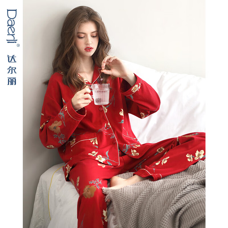 达尔丽睡衣女春秋季纯棉长袖薄款家居服套装本命年红国潮印花开衫可外穿 T895118-029-山茶花 2XL :建议体重130-150斤