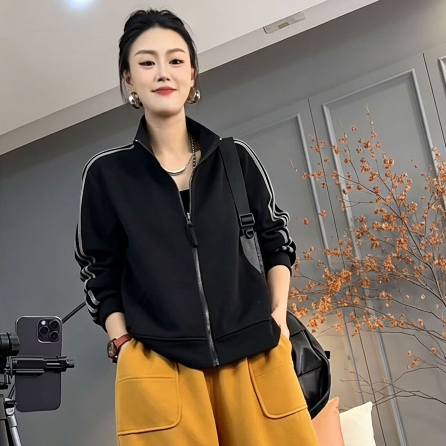 小个子休闲棒球服女2026秋季新款立领拉链开衫卫衣夹克外套 黑色 XL 建议120-140斤