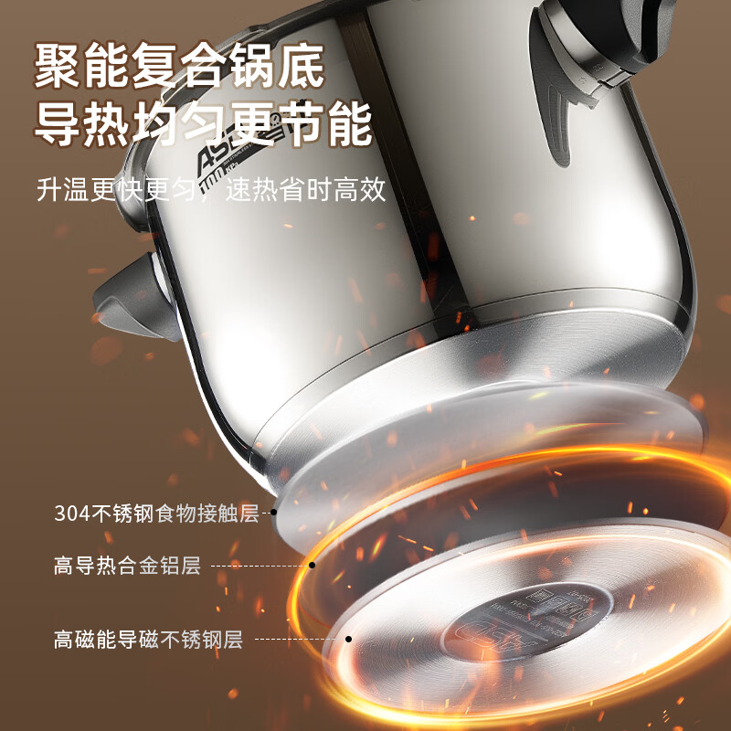 爱仕达(ASD)高压锅304不锈钢100kPa压力锅智芯示压15重防爆燃气灶电磁炉通用 100kPa高压3-6人适用6.5L 24cm