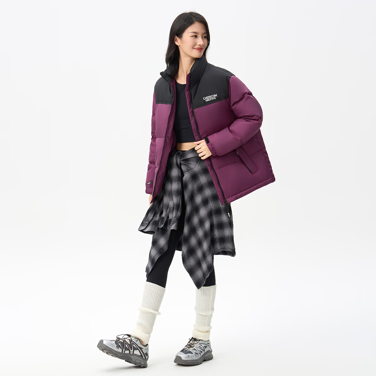 千仞岗立领短款秋冬季新款羽绒服女装撞色时尚休闲百搭保暖羽绒外套 玫红色 XS (155)