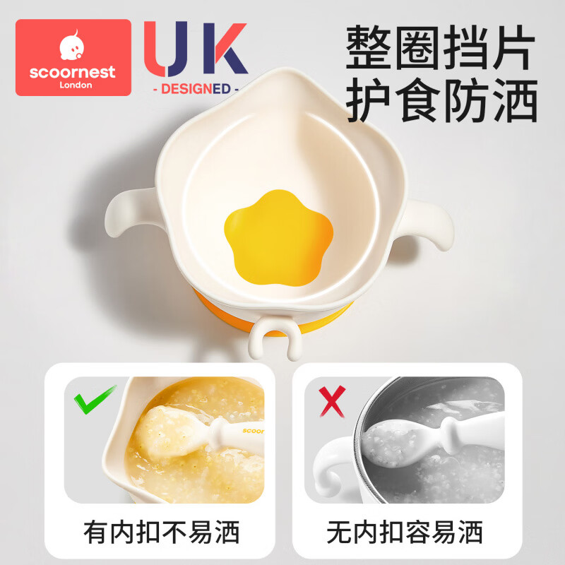 科巢(scoornest)科巢老人专用吃饭碗耐用斜坡硅胶吸盘碗防洒漏易舀取耐高温餐具 鹰嘴蛋花碗(芝士黄)+熊猫学食叉勺【辅食喂养+自主进