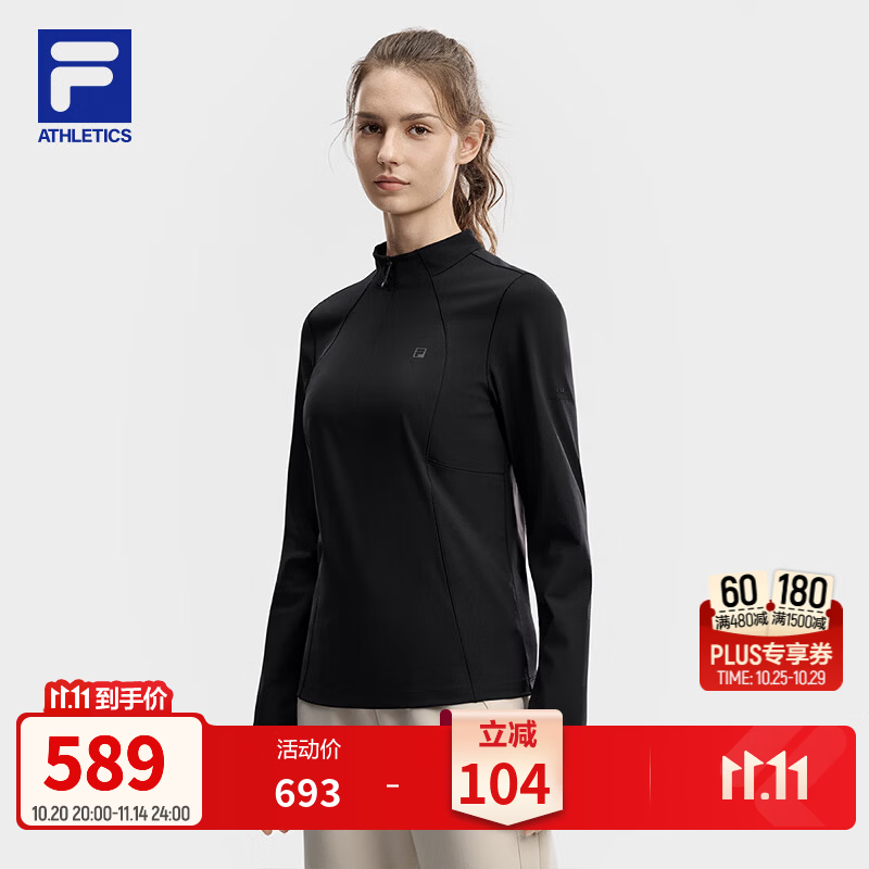 FILA 斐乐官方女子针织长袖上衣2026冬新款健身运动基础半拉链长T 深黑-BK S 160/80A/S
