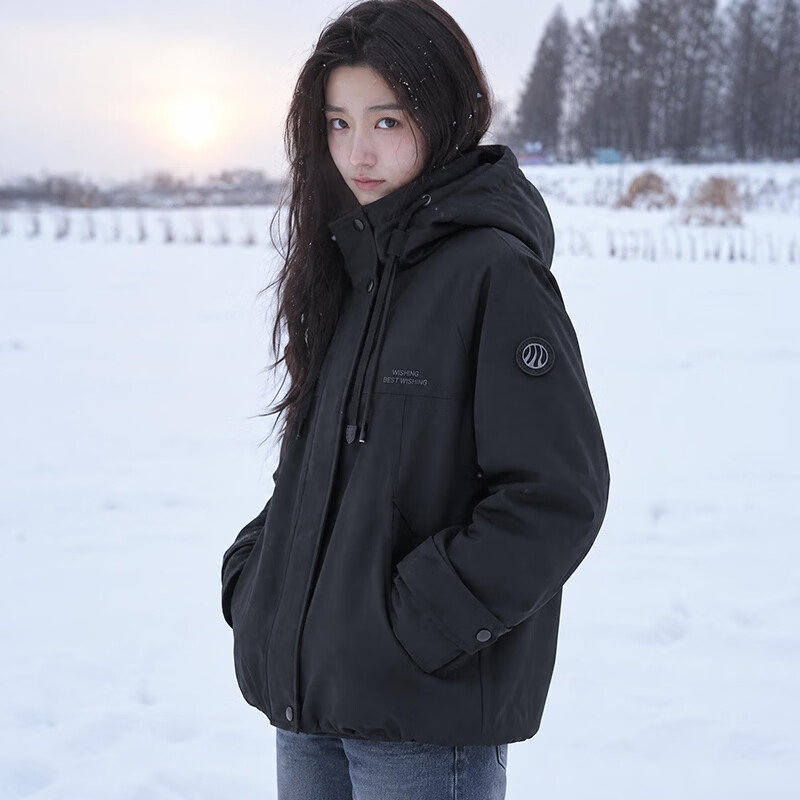 拉夏贝尔短款羽绒服女2026冬季新款时尚百搭连帽保暖外套女 米粉 XL