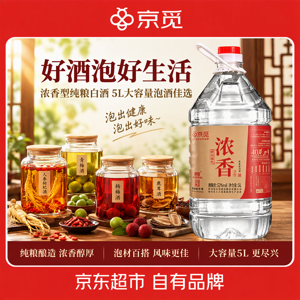 京觅纯粮白酒浓香2号52度5L高粱酒桶装口粮酒 泡酒泡药礼品礼物