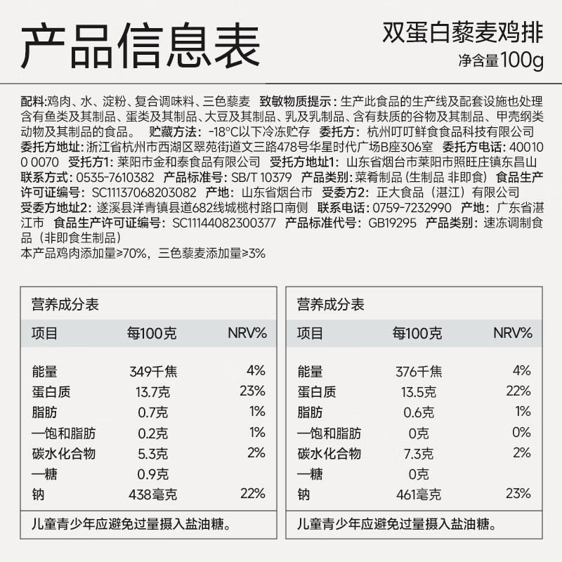 叮叮懒人菜双蛋白藜麦鸡排100g 营养早餐 高蛋白升级健身儿童早餐 小熊早安 双蛋白藜麦鸡排6袋+香煎嫩鸡排6袋