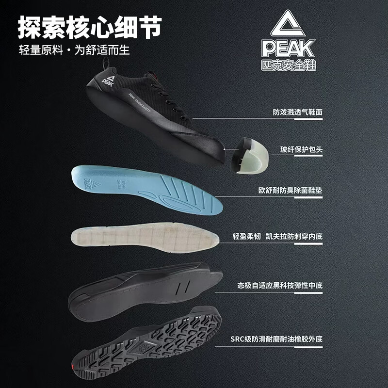 匹克(PEAK)态极轻便舒适软底透气劳保鞋防砸防刺穿耐油绝缘防泼溅安全防护鞋 黑灰色(绝缘/防砸/防刺穿/防滑) 45