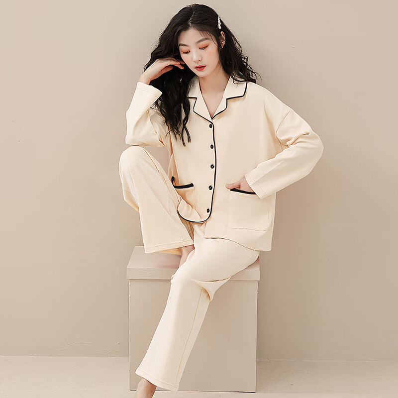 猫人仿棉舒适 春秋新款 长袖开衫 翻领套装 纯色女士加大码 家居服 奶油杏 M --建议【90-100】斤