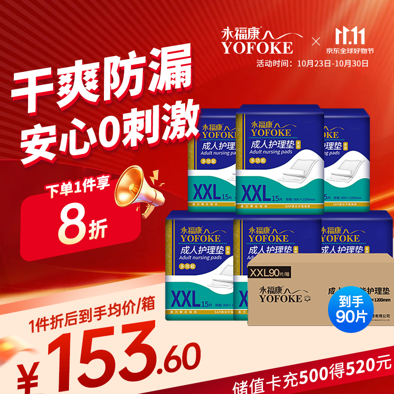 永福康成人护理垫XXL90片 尺寸80*120cm婴儿孕产妇床垫老人一次性隔尿垫