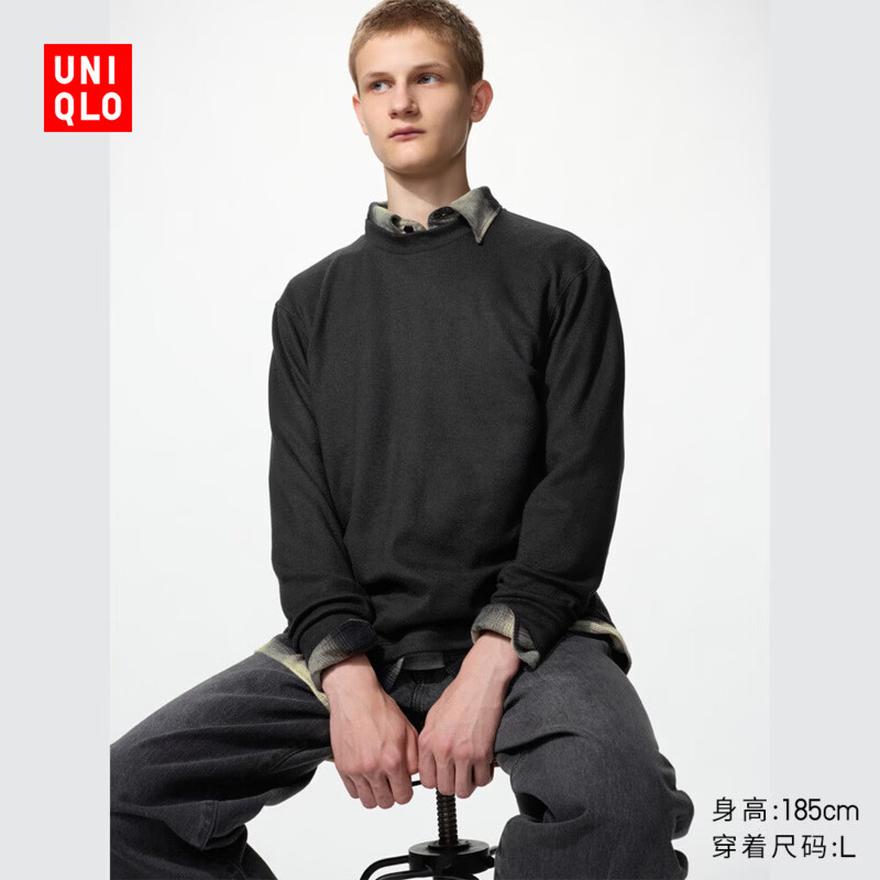优衣库柔软针织摇粒绒圆领套头衫/长袖男装女装486111 09 黑色 L