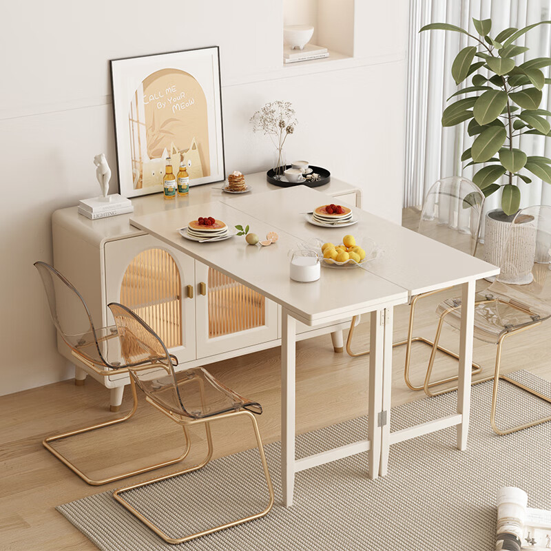 冰茜折叠餐桌餐边柜一体小户型家用吧台多功能餐桌旋转奶油风伸缩岛台