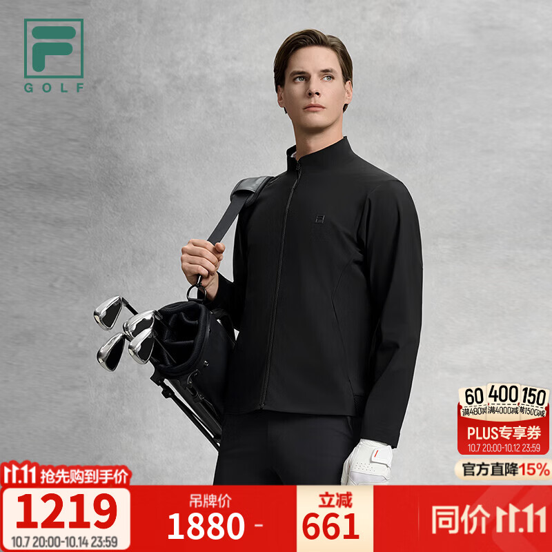 FILA斐乐外套26秋季新款男士针织长袖高尔夫运动立领上衣 深黑-BK L 175/96A/L