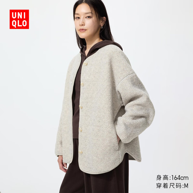 优衣库仿羊羔绒摇粒绒休闲开衫/长袖女装488302 02 浅灰色 M