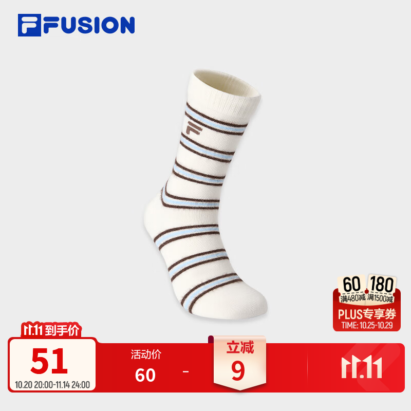 FILA FUSION斐乐潮牌俏皮质感高腰袜女款26冬季新款条纹袜运动袜 椰奶白-IV S