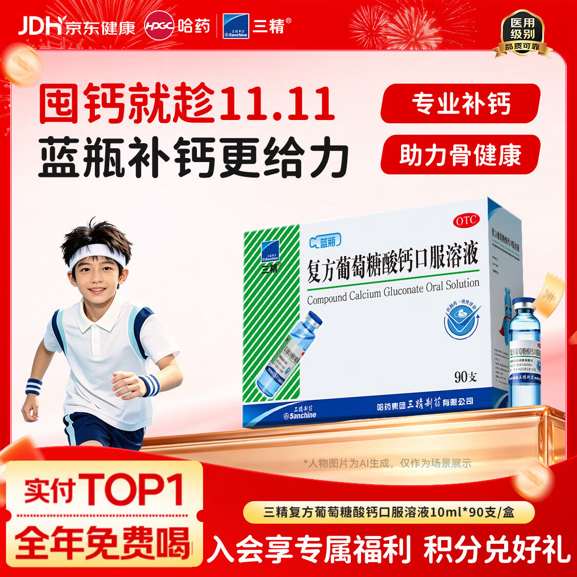 三精复方葡萄糖酸钙口服溶液10ml*90支液体钙非葡萄糖酸钙铁锌0-3-4-17岁儿童青少年长个子补钙非钙片全龄段可喝