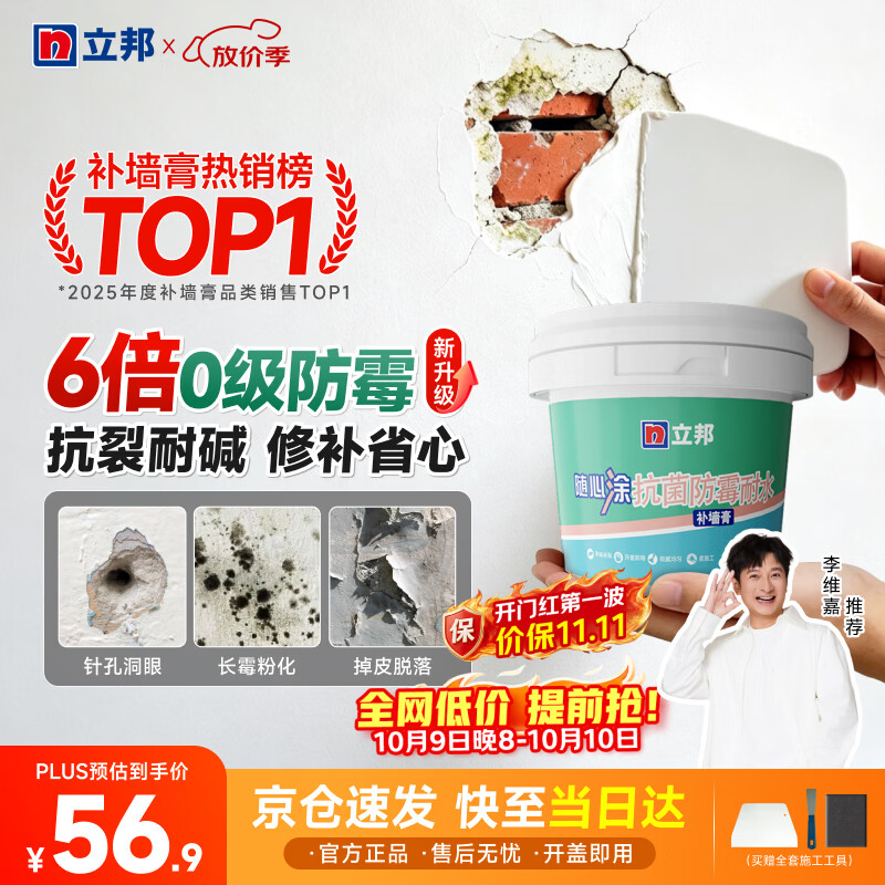 立邦开学季补墙膏墙面修复防霉抗菌墙面修补膏堵洞腻子膏白色2.5kg