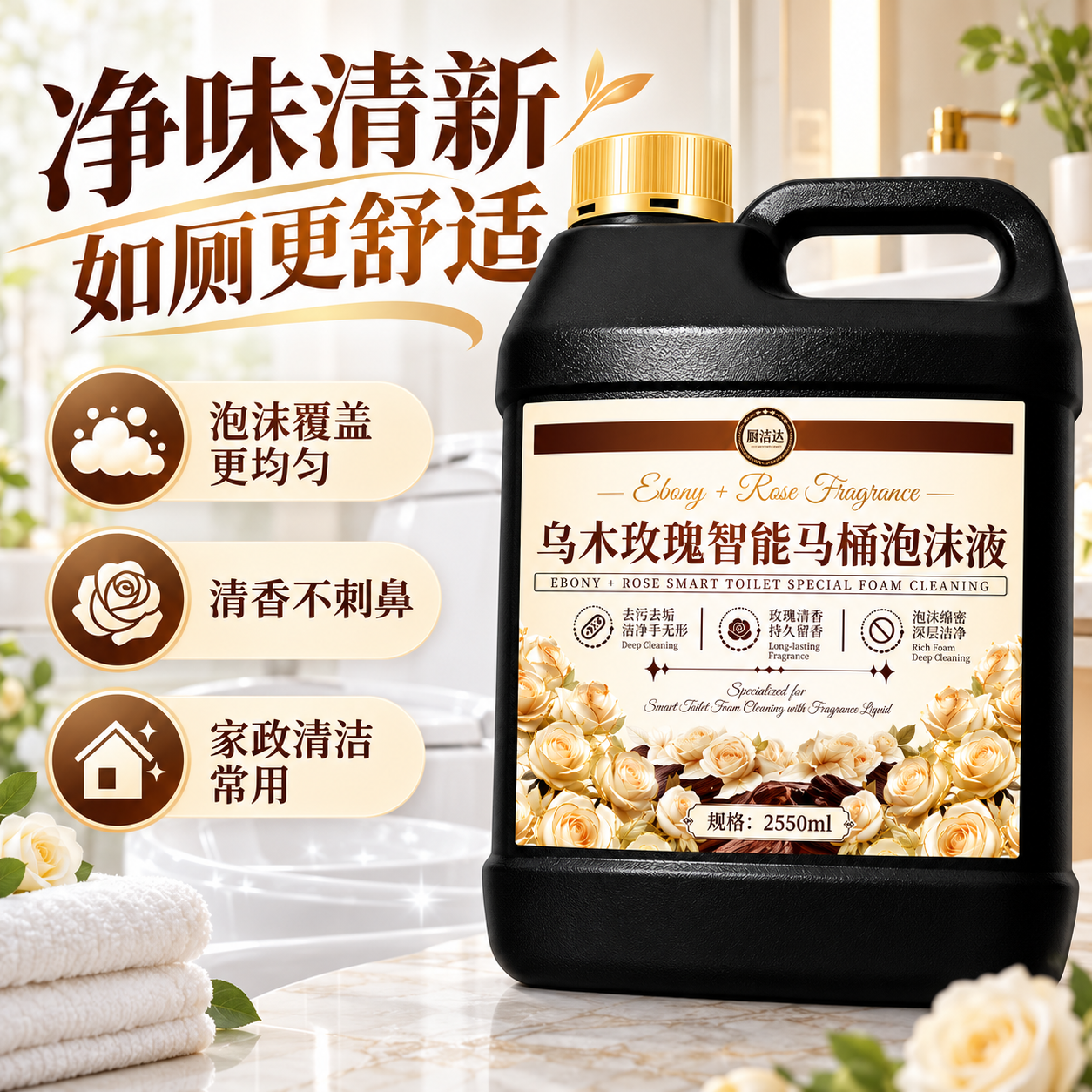厨洁达智能马桶泡沫液补充液洁厕清洁泡沫剂防臭防溅留香泡沫盾浓缩液 【乌木玫瑰香丨防挂壁/隔臭味/巨留香】 智能马桶泡沫补充液【2550ml大桶装】
