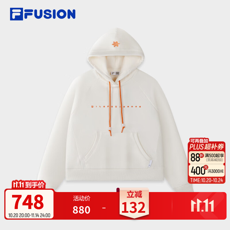 FILA FUSION斐乐潮牌时尚休闲连帽卫衣26冬季新款女宽松针织上衣 云白色-WT S 160/80A/S