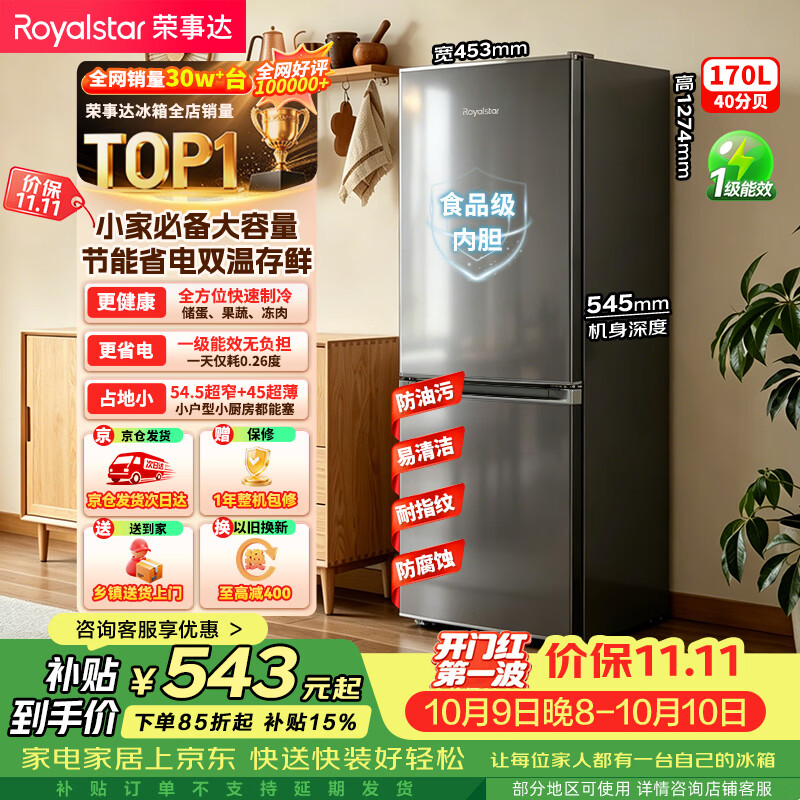 荣事达（Royalstar）170升小冰箱小型家用出租房办公室宿舍双开门两门电冰箱节能省电低音钛深灰R170