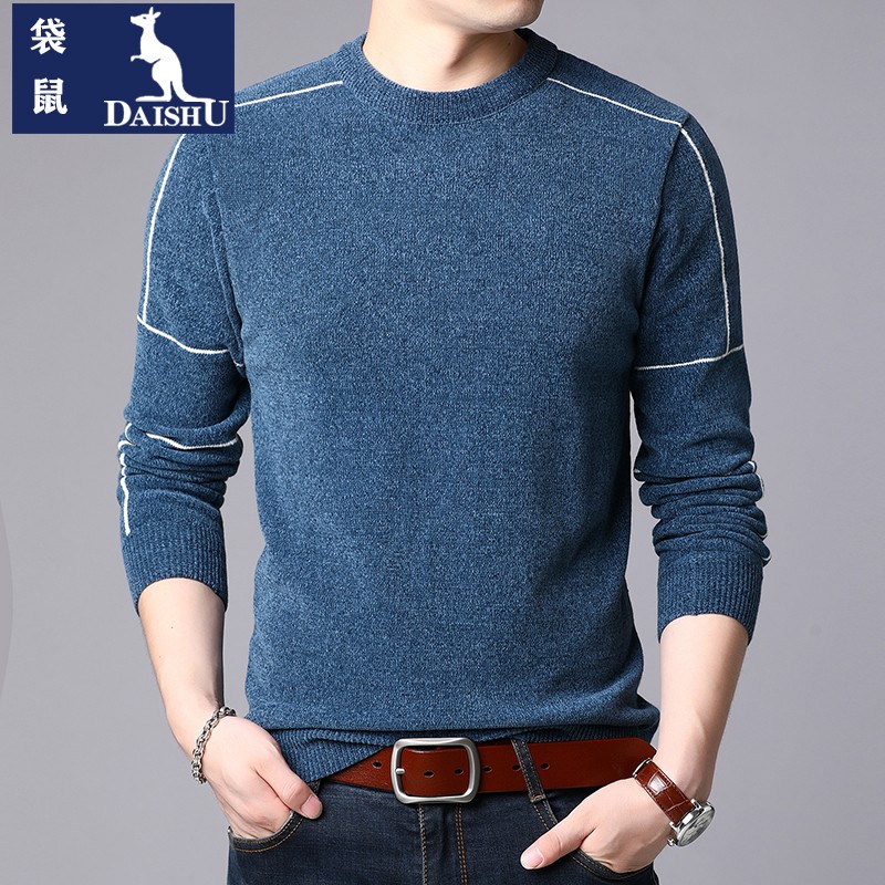 袋鼠新款男装2021年冬季冬雪尼尔毛衫中青年男士韩版圆领纯色套头长袖