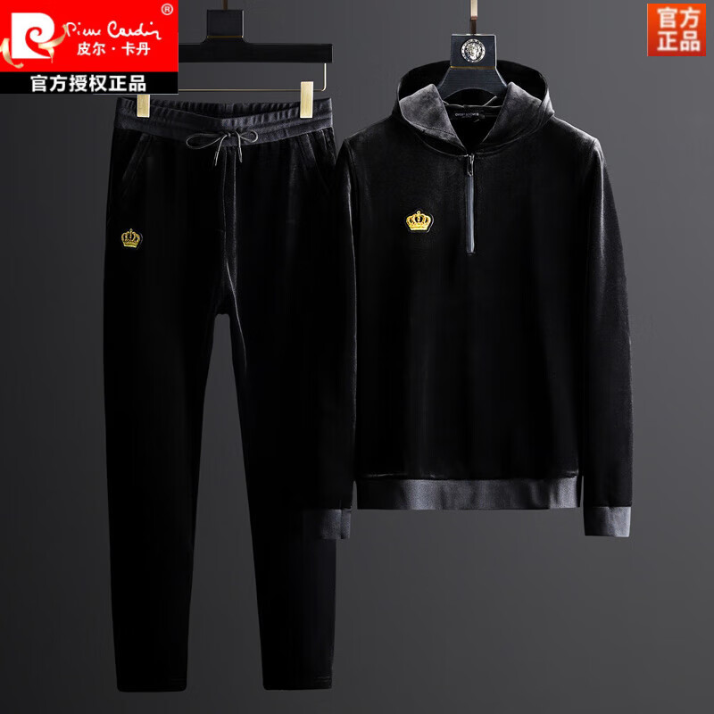 皮尔卡丹（pierre cardin）高端冬季新款金丝绒休闲运动套装男刺绣连帽卫衣加绒加厚两件套 黑色套装 加绒 4XL