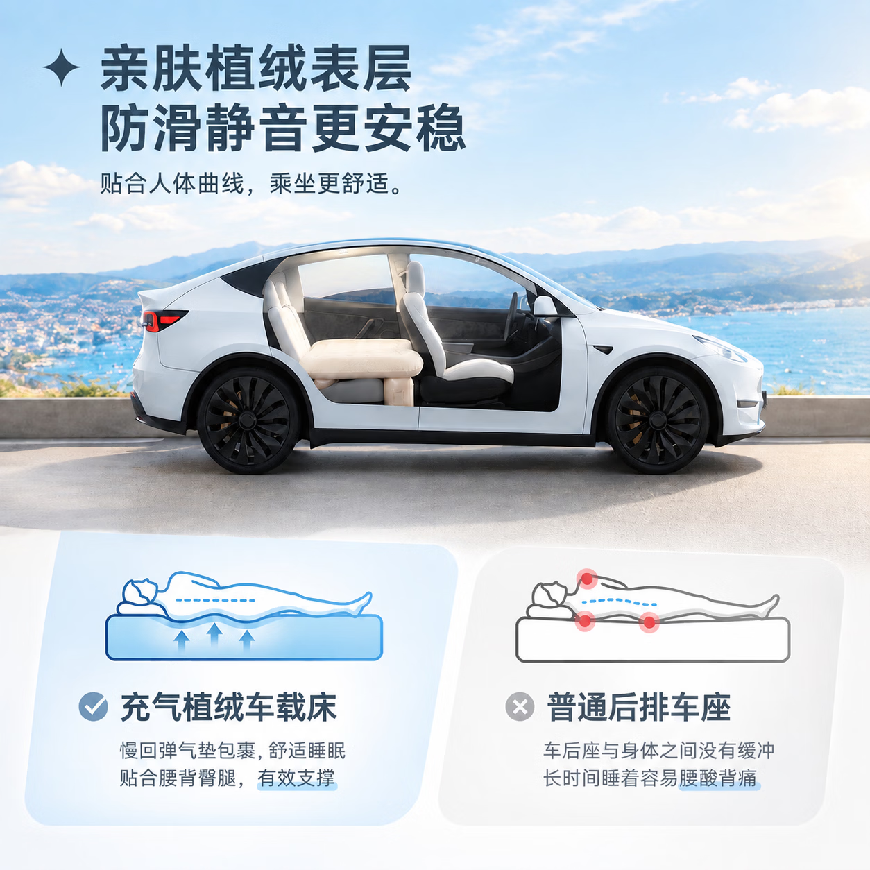 YOBEWAY车载床自动充气床垫后排内置泵轿车SUV适用旅行便携式后备箱睡垫 【C级车专用】夜岩黑-语音泵-防倾斜款