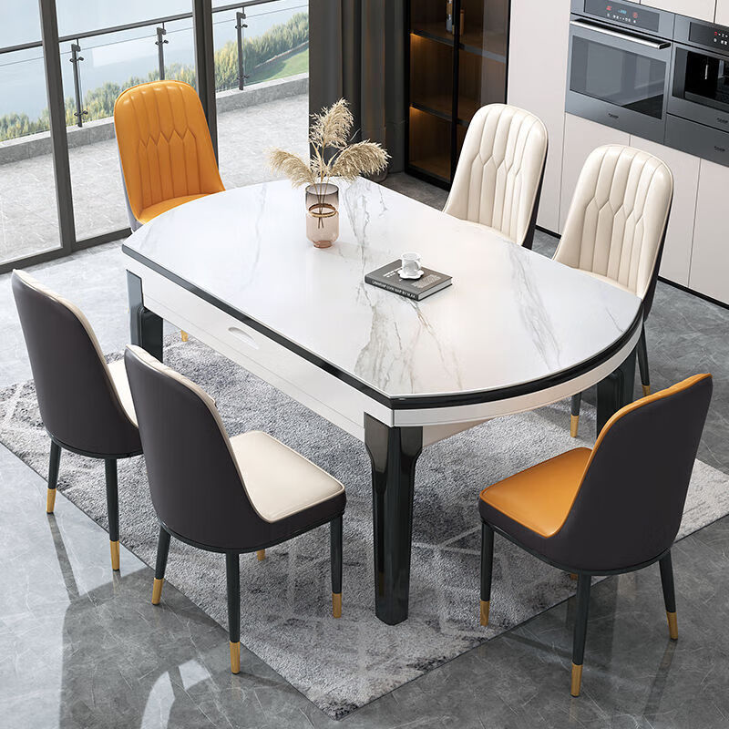紫班家 高端 岩板餐桌餐椅组合小户型现代简约可变圆实木餐桌带电磁炉 的 (方圆两用)雪山白-哑光 12mm厚岩板1.2米餐桌