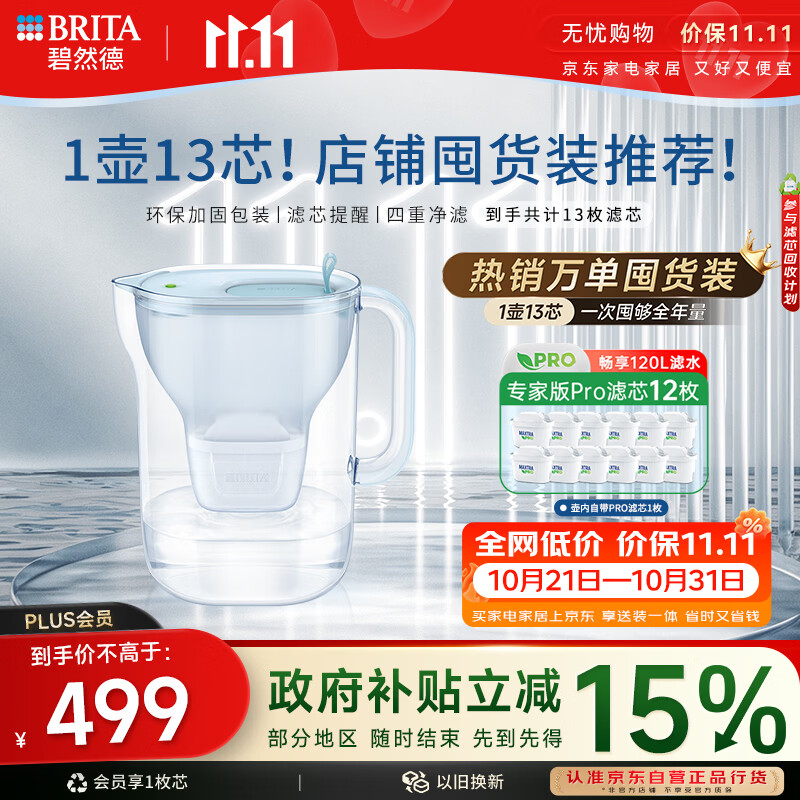 碧然德【新款上市】家用滤水壶 净水壶 Style eco系列 3.5L（冰川蓝）+PRO版滤芯12枚 环保加固包装