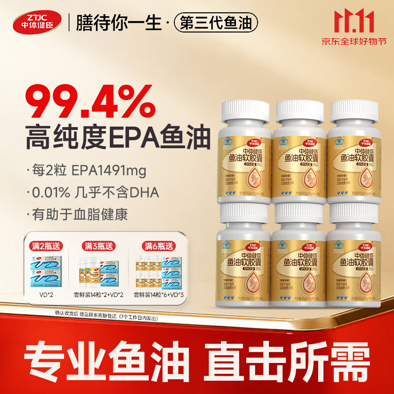 中体健臣鱼油高纯度epa97%蓝帽子辅助降血脂omega3中老年成人 60粒*6瓶 【赠3瓶旅行装】